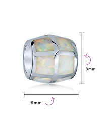 Bling Jewelry Created White Opal Inlay Barrel Charm Bead .925 Sterling Silver For Bracelet