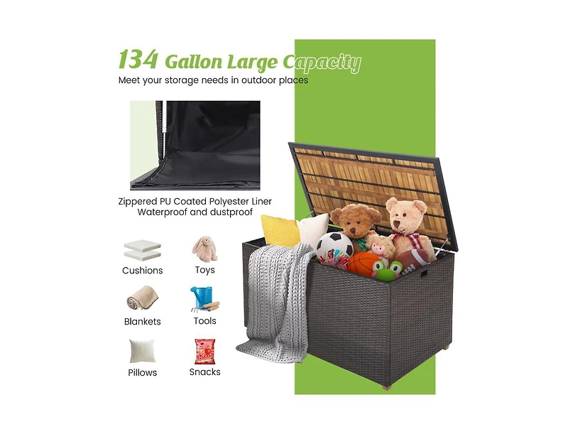 sumyeg 134 Gallon Rattan Storage Box with Zippered Liner and Solid Acacia Wood Top
