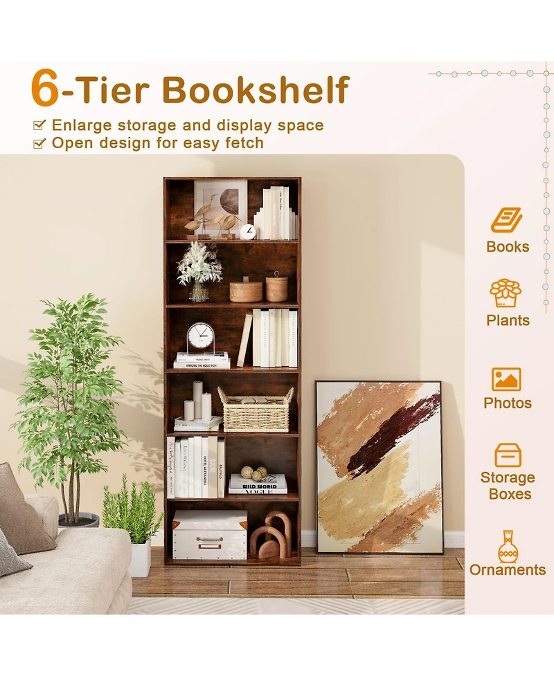 Sugift 6-Tier Bookcase with Open Shelves and Anti Toppling Kit