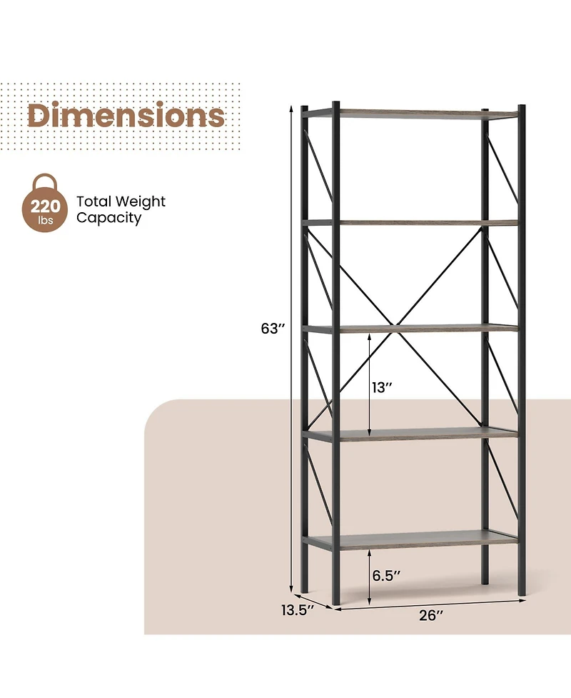 Sugift 5-Tier Bookshelf with Open Shelves and Heavy Duty Metal Frame