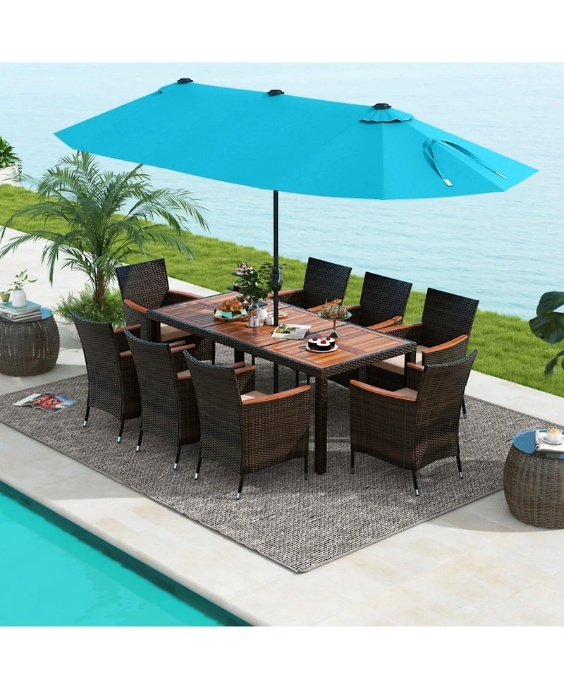 Gouun 11-Piece Patio Dining Set with Solar Led Umbrella and 8 Stackable Chairs