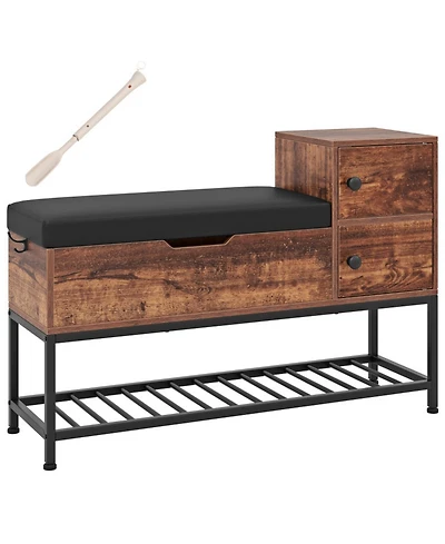 Gouun Wood Entryway Storage Bench with Flip-Top Compartment and Cabinets