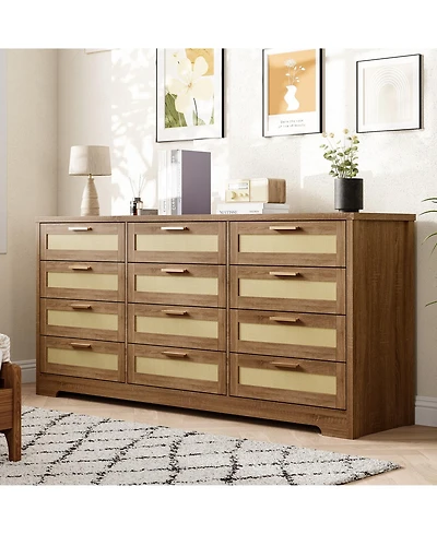 gaomon Bedroom 12-Drawer Dresser, Rattan Wood Chest with Wide Storage Drawers and Tabletop.