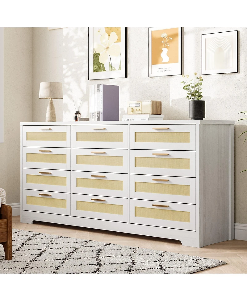 gaomon Bedroom 12-Drawer Dresser, Rattan Wood Chest with Wide Storage Drawers and Tabletop.