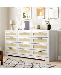 gaomon Bedroom 12-Drawer Dresser, Rattan Wood Chest with Wide Storage Drawers and Tabletop.