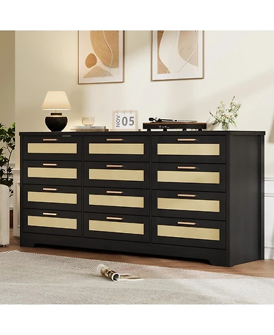 gaomon Bedroom 12-Drawer Dresser, Rattan Wood Chest with Wide Storage Drawers and Tabletop.