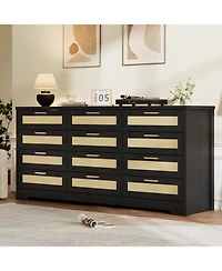 gaomon Bedroom 12-Drawer Dresser, Rattan Wood Chest with Wide Storage Drawers and Tabletop.