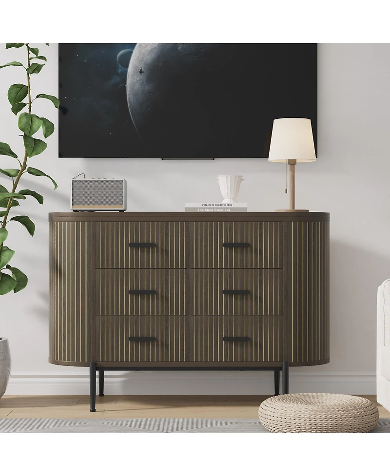 gaomon 47" Wide Mid Century Fluted 6 Drawer Dresser for Bedroom, Wood Chest of Drawers Tv Stand.