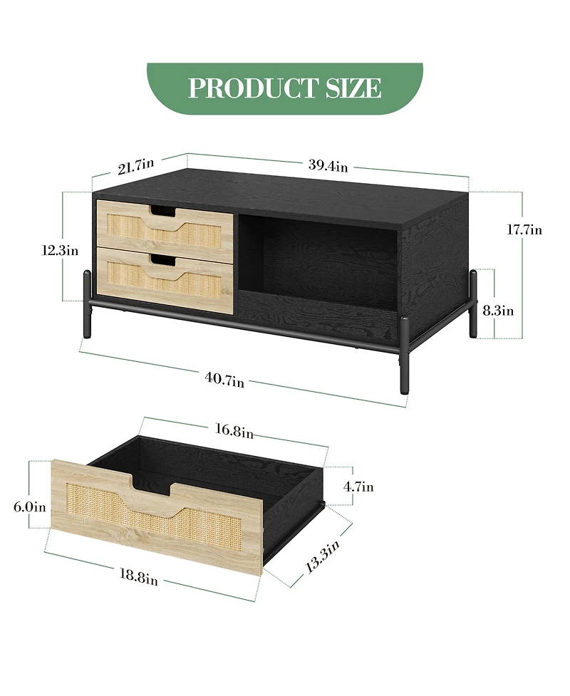 Homfan Coffee Table for Living Room, Modern Rattan Table with 4 Drawers and 2 Compartments, Wooden Table with Led Lights, Rectangle Table for Office