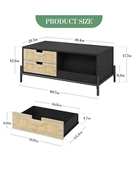 Homfan Coffee Table for Living Room, Modern Rattan Table with 4 Drawers and 2 Compartments, Wooden Table with Led Lights, Rectangle Table for Office