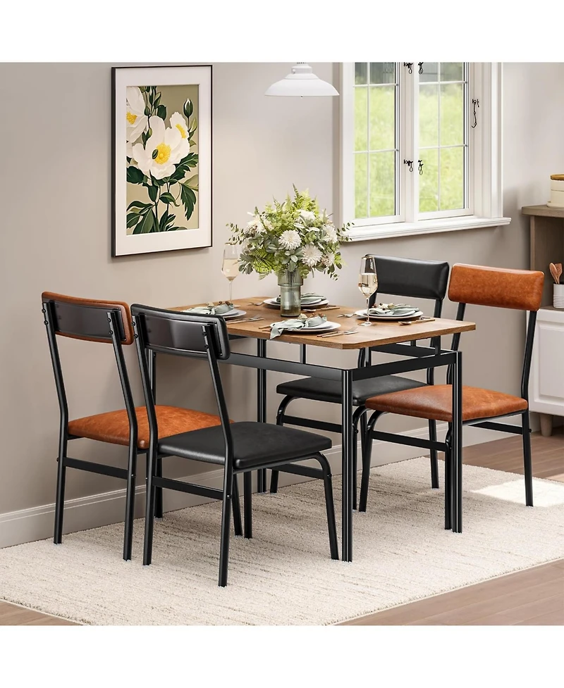 gaomon 5-Piece Industrial Dining Set, Wooden Table and 4 Pu Upholstered Chairs, Metal Frame for Kitchen and Apartment