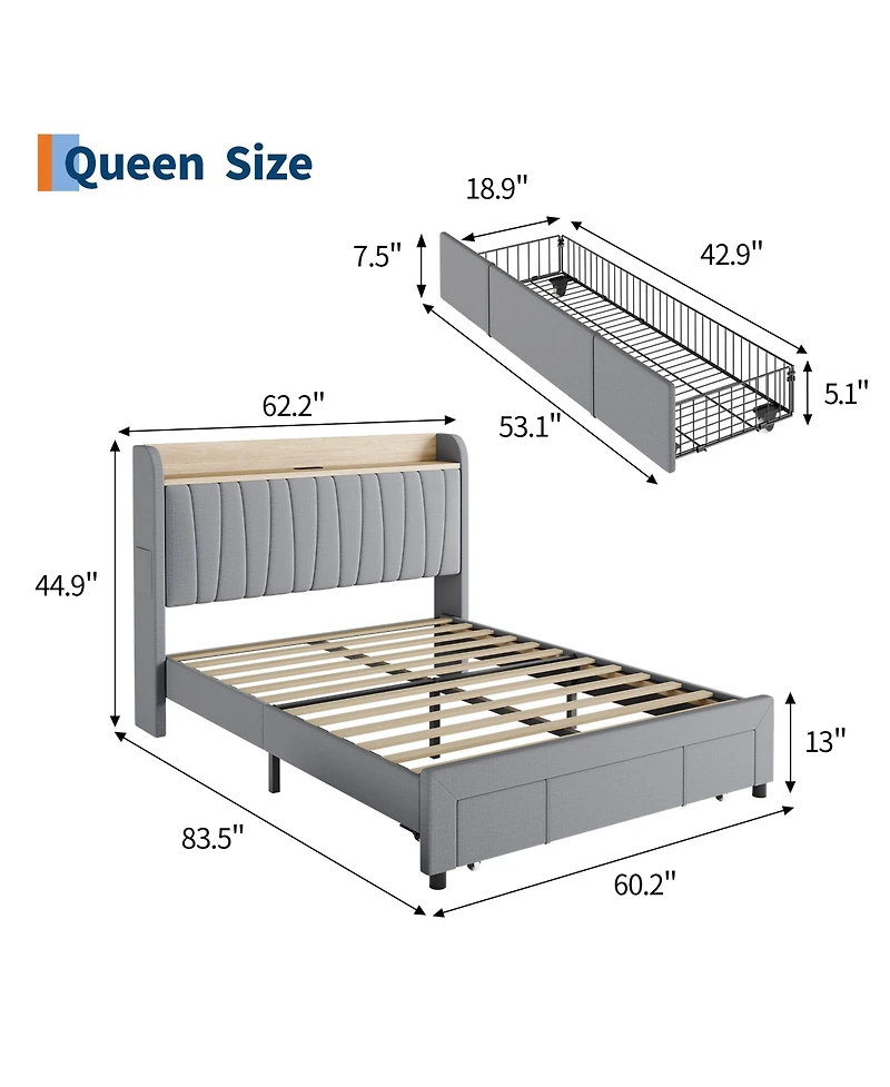 Homfan Upholstered Bed Frame with Storage Headboard, Charging Station and Drawer