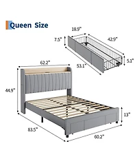 Homfan Upholstered Bed Frame with Storage Headboard, Charging Station and Drawer