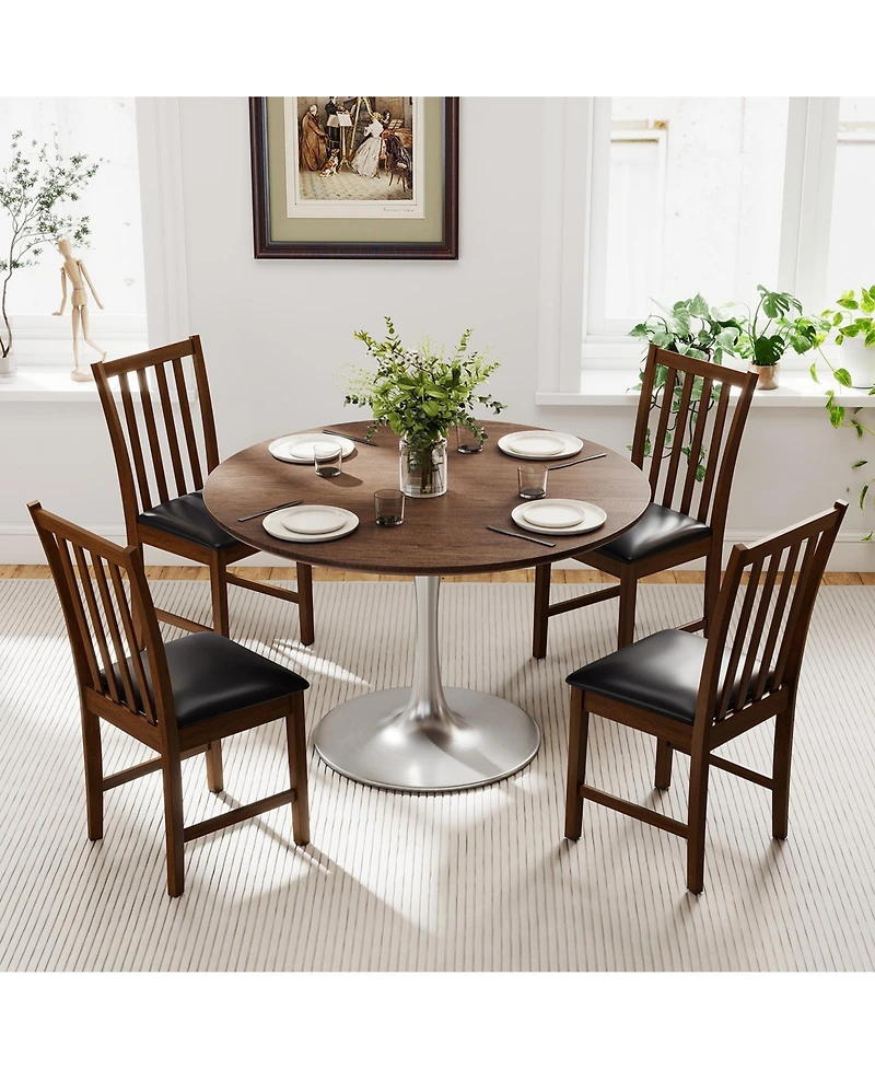 Gymax Wooden Dining Chair Set of 4 with Rubber Wood Frame and Padded Seat Curved Back