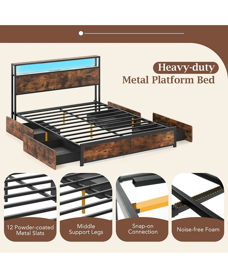 Gymax Led Bed Frame w/2-Tier Storage Headboard and 4 Drawers Charging Station