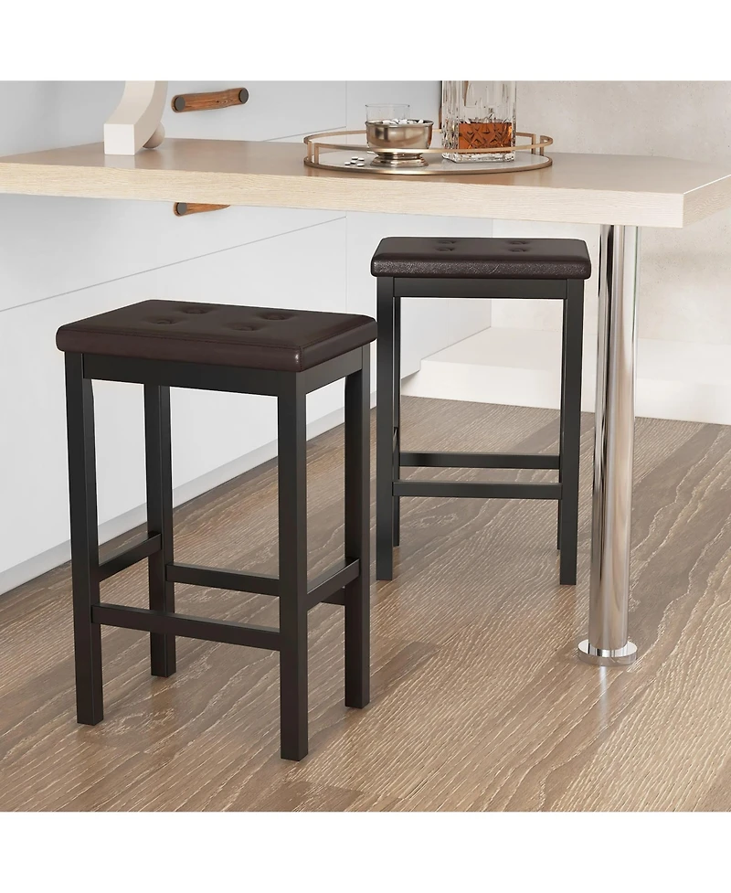 Gymax 24'' Upholstered Bar Stools Set of 4 Home Kitchen w/ Solid Wood Support Legs