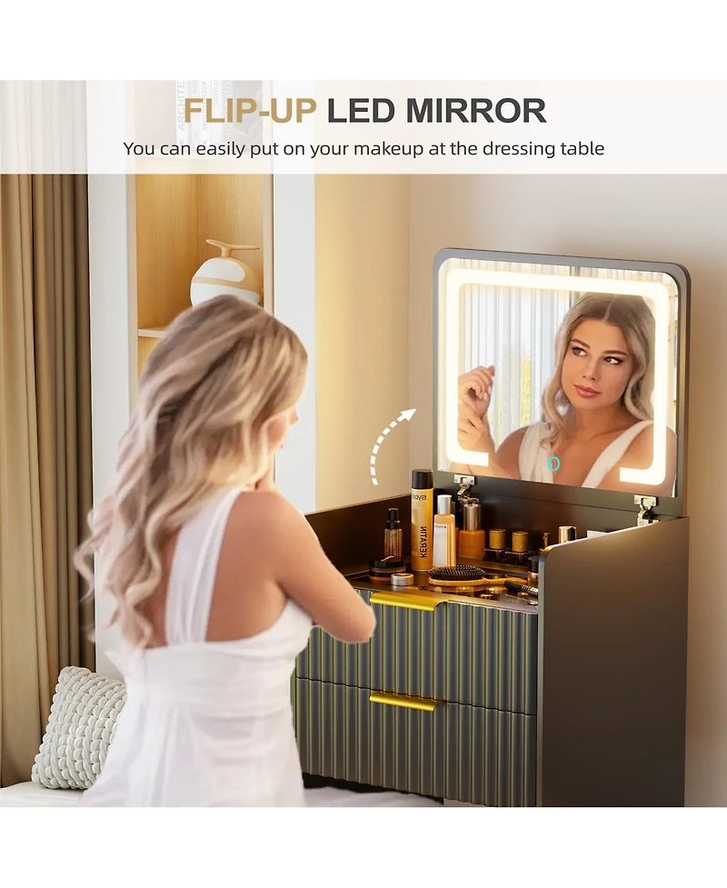 Vlsrka Fluted Small Vanity Desk With Mirror, Lights, Stool & 3 Drawers