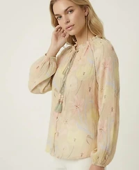 Modenaire Women's Floral Print Tassel-Tie Neck Long-Sleeve Blouse