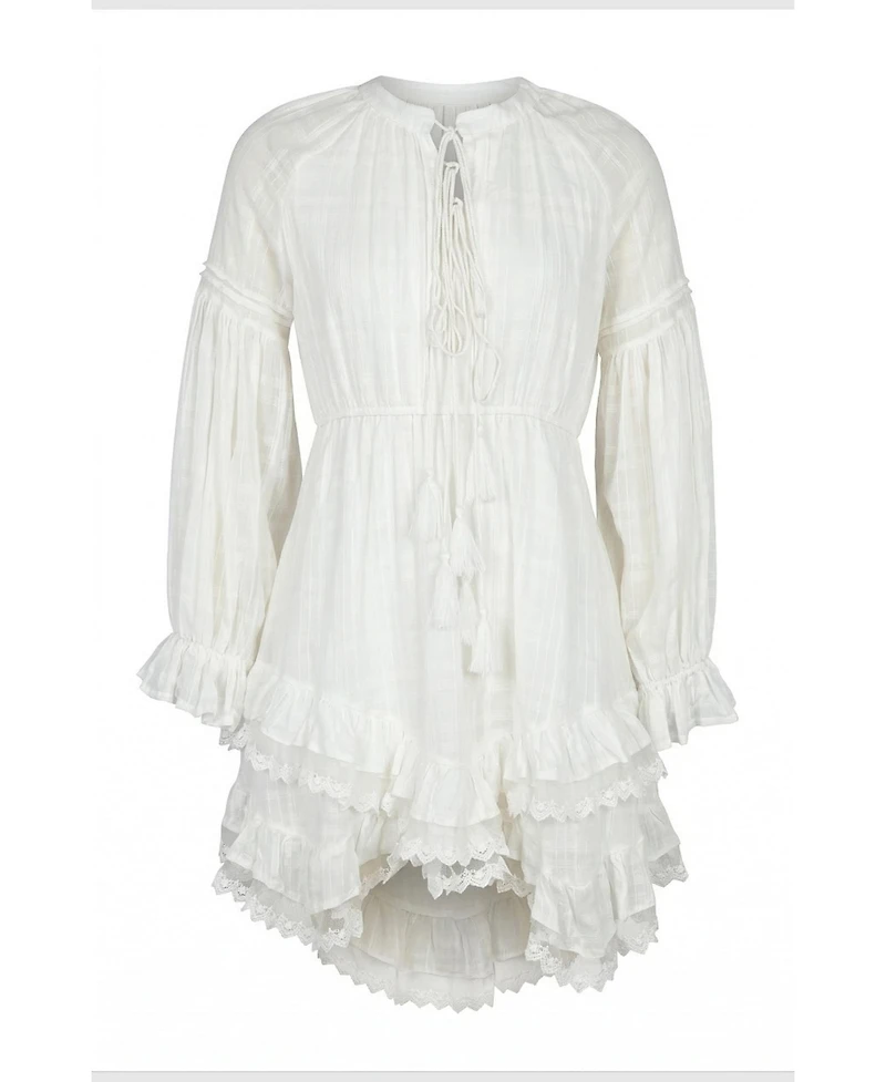 Modenaire Women's Boho Tassel-Tie Neck Mini Dress