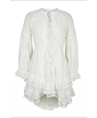 Modenaire Women's Boho Tassel-Tie Neck Mini Dress