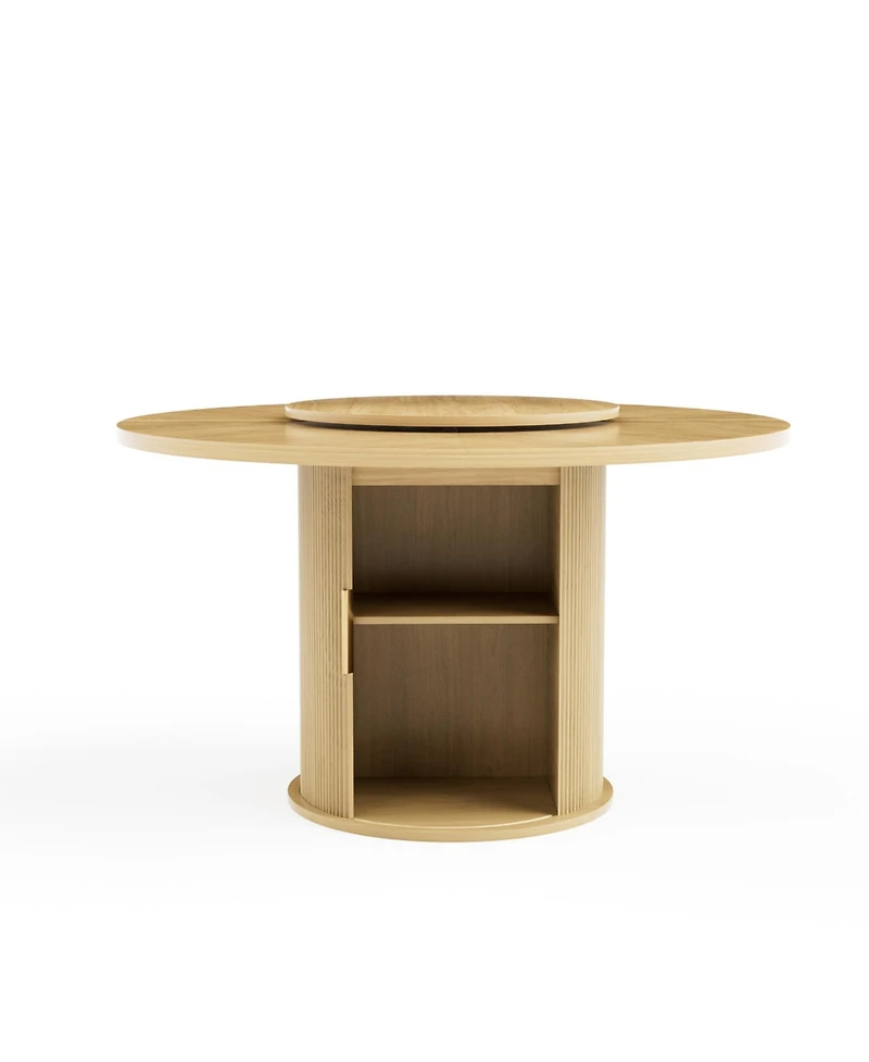 Rainsken Round Dining Table for 6 with a Rotating Tabletop Tray, 2-tier Storage Rack and Wooden Wavy-striped Sliding Doors Living Room