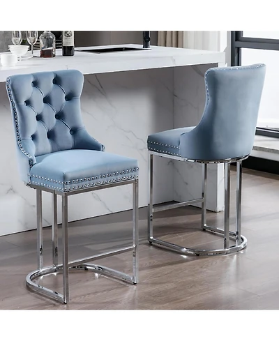 Rainsken Modern Velvet Bar Stools Set of 2, 26" Counter Height Chairs with Button Back, Nailhead Trim and Chromed Metal Legs for Kitchen Island
