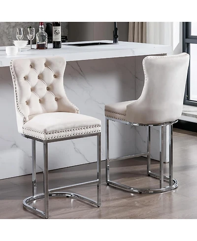 Rainsken Modern Velvet Bar Stools Set of 2, 26" Counter Height Chairs with Button Back, Nailhead Trim and Chromed Metal Legs for Kitchen Island