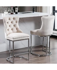 Rainsken Modern Velvet Bar Stools Set of 2, 26" Counter Height Chairs with Button Back, Nailhead Trim and Chromed Metal Legs for Kitchen Island