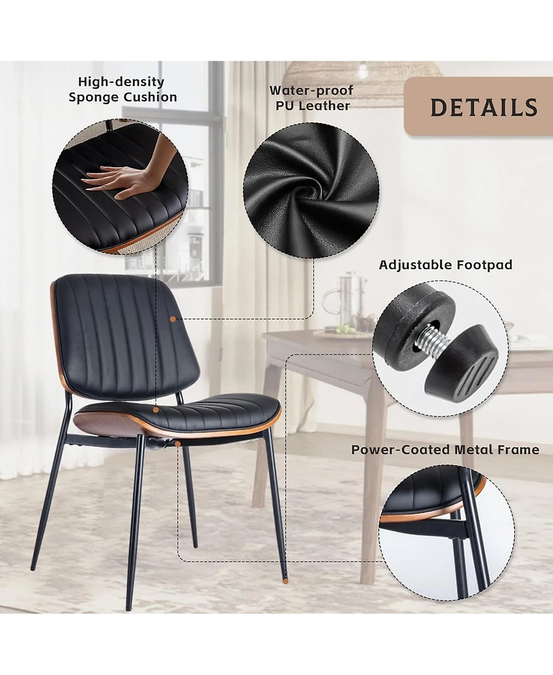Rainsken Pu Leather Dining Chairs Set of 2, Retro Upholstered Kitchen with Walnut Bentwood Back and Adjustable Feet for Room