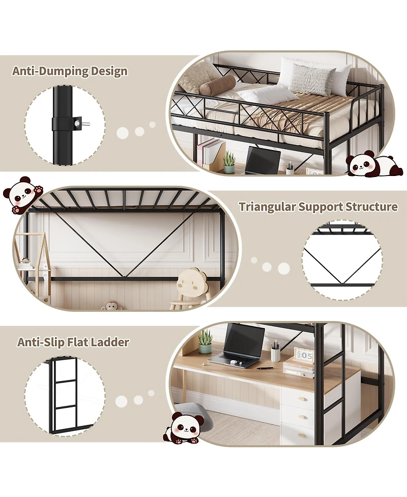 homfan Metal Loft Bed Frame with Arched Guardrail, Ladder and Underbed Space, Box Spring Not Required