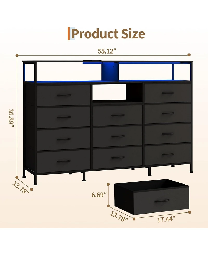 gaomon Dresser for Bedroom with 11 Fabric Drawers, Featuring Power Outlet and Led Lights, Wooden Top