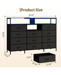 gaomon Dresser for Bedroom with 11 Fabric Drawers, Featuring Power Outlet and Led Lights, Wooden Top