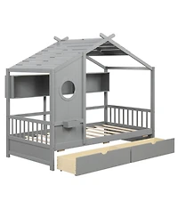 Gymax House Bed Kids Frame w/ 2 Storage Drawers & Fence Guardrails