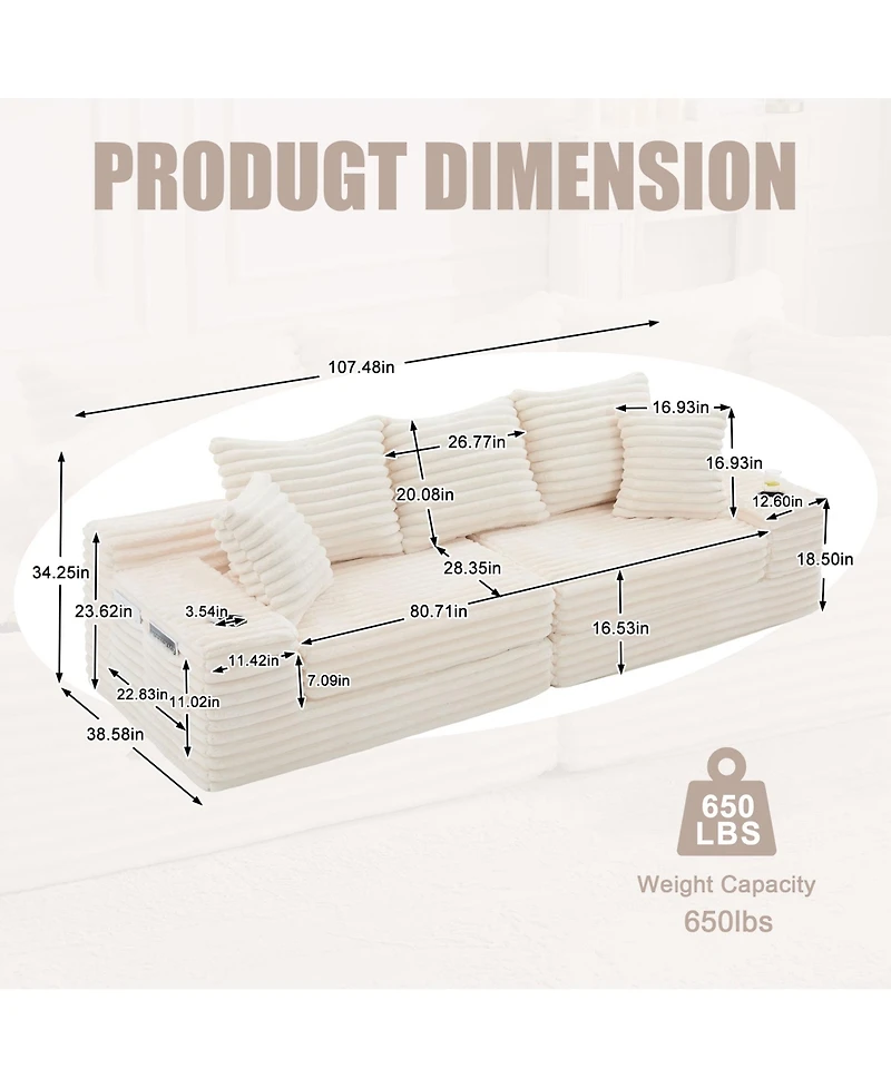 Rainsken Oversized Boneless Sofa with Cup Holder and Side Pockets, Corduroy Upholstered Couch 3 Pillows 2 Lumbar for Living Room