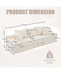 Rainsken Oversized Boneless Sofa with Cup Holder and Side Pockets, Corduroy Upholstered Couch 3 Pillows 2 Lumbar for Living Room
