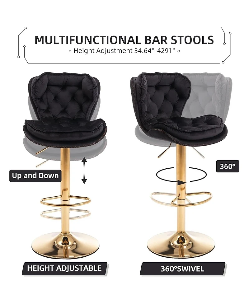 Rainsken Swivel Velvet Bar Stools Set of 2, Adjustable Counter Height Chairs with Chrome Footrest and Base for Kitchen Island, Home Pub