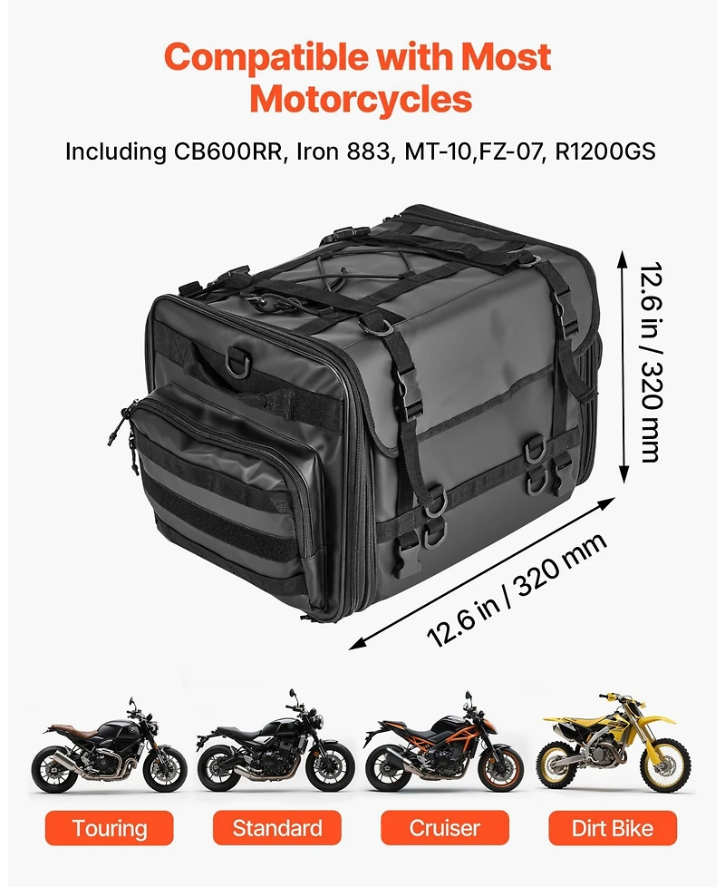 Mecale 40 to 60L Expandable Motorcycle Tail Bag with Waterproof Rain Cover