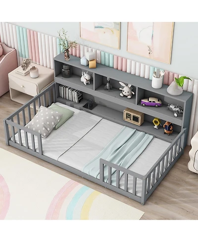 Sailvan Twin Floor Bed with Bedside Bookcase,Shelves,Guardrails