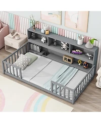 Sailvan Twin Floor Bed with Bedside Bookcase,Shelves,Guardrails