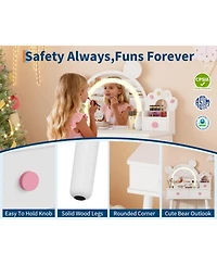 Homfan Bear-Shaped Lighted Mirror Kids Vanity Table and Chair Set - Wooden Princess Makeup Desk with Stool, Storage Drawers