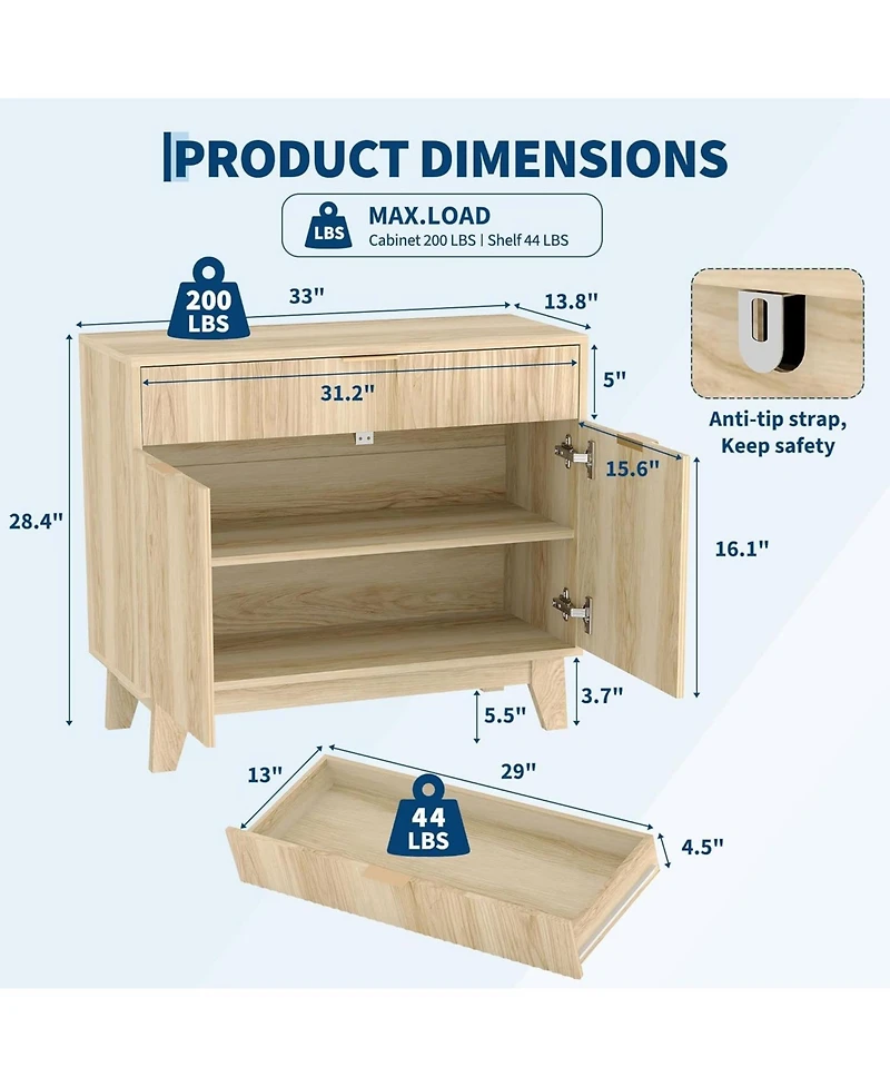 gaomon Fluted Buffet Cabinet with Storage, Sideboard Cabinet with Adjustable Shelf and Drawer