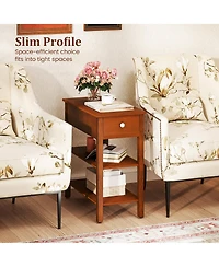 Gymax 2 Pcs Narrow End Tables with Drawer Shelves and Rubber Wood Legs Sofa Side Table