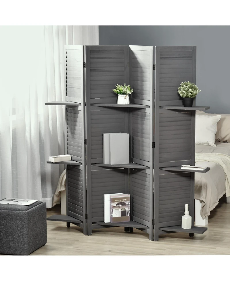 Rainsken 4 Panel Folding Room Divider, with Shelves, 5.6 Ft Freestanding Paulownia Wood, for Bedroom Home Office, No Assembly Required