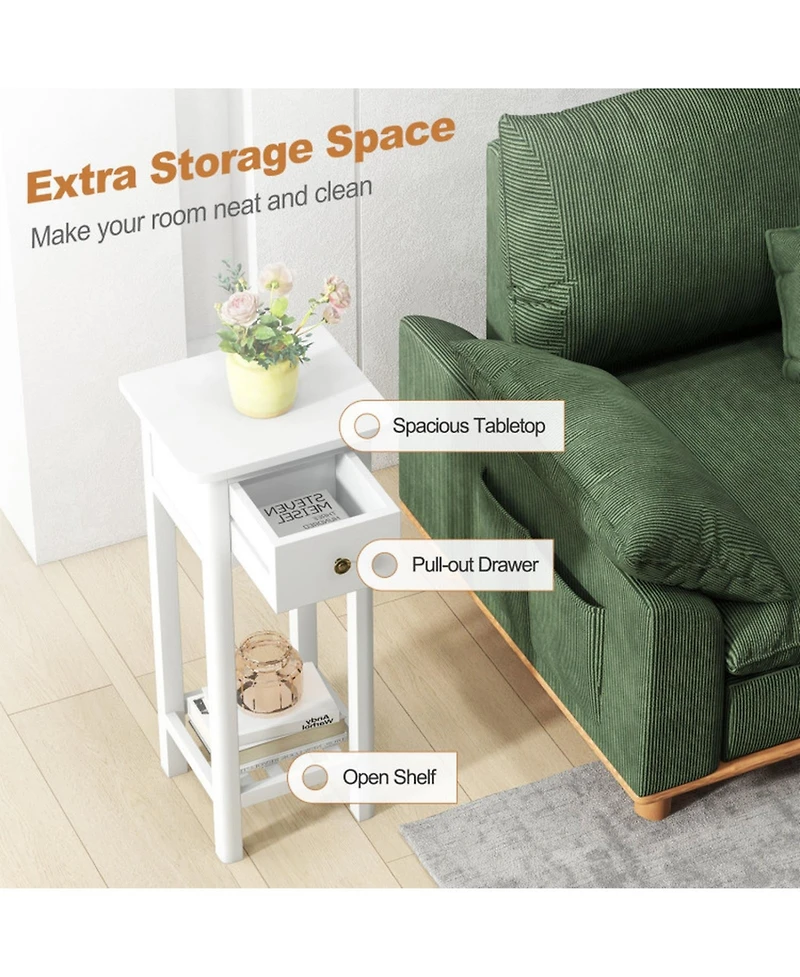 Gouun Two-Tier Acacia Wood Slim Nightstand with Drawer and Open Shelf