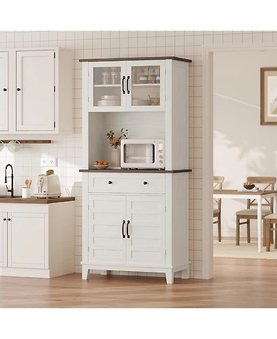 gaomon 72 in Tall Kitchen Pantry Cabinet, Kitchen Hutch Bar Cabinet with Microwave Stand, Cupboard with Drawers Glass Doors for Dining Room