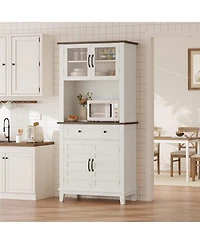 gaomon 72 in Tall Kitchen Pantry Cabinet, Kitchen Hutch Bar Cabinet with Microwave Stand, Cupboard with Drawers Glass Doors for Dining Room