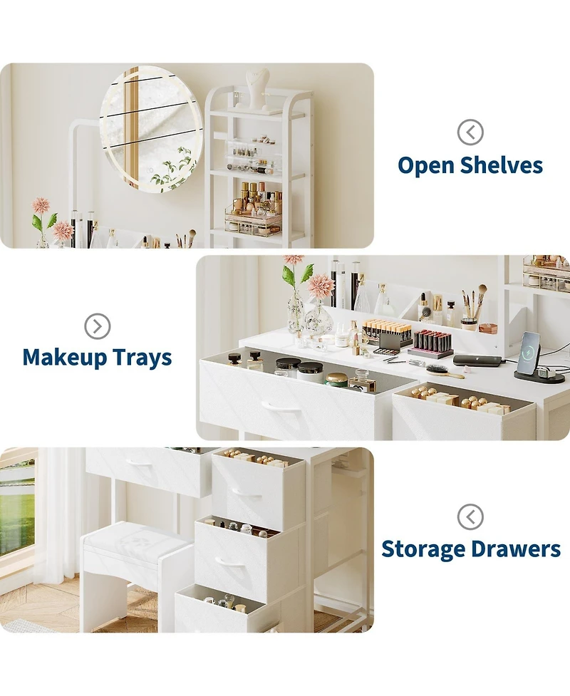 Homfan Modern Vanity Desk with Led Mirror, Adjustable Lights, Fabric Drawers, Power Outlet and Storage Shelves for Bedroom