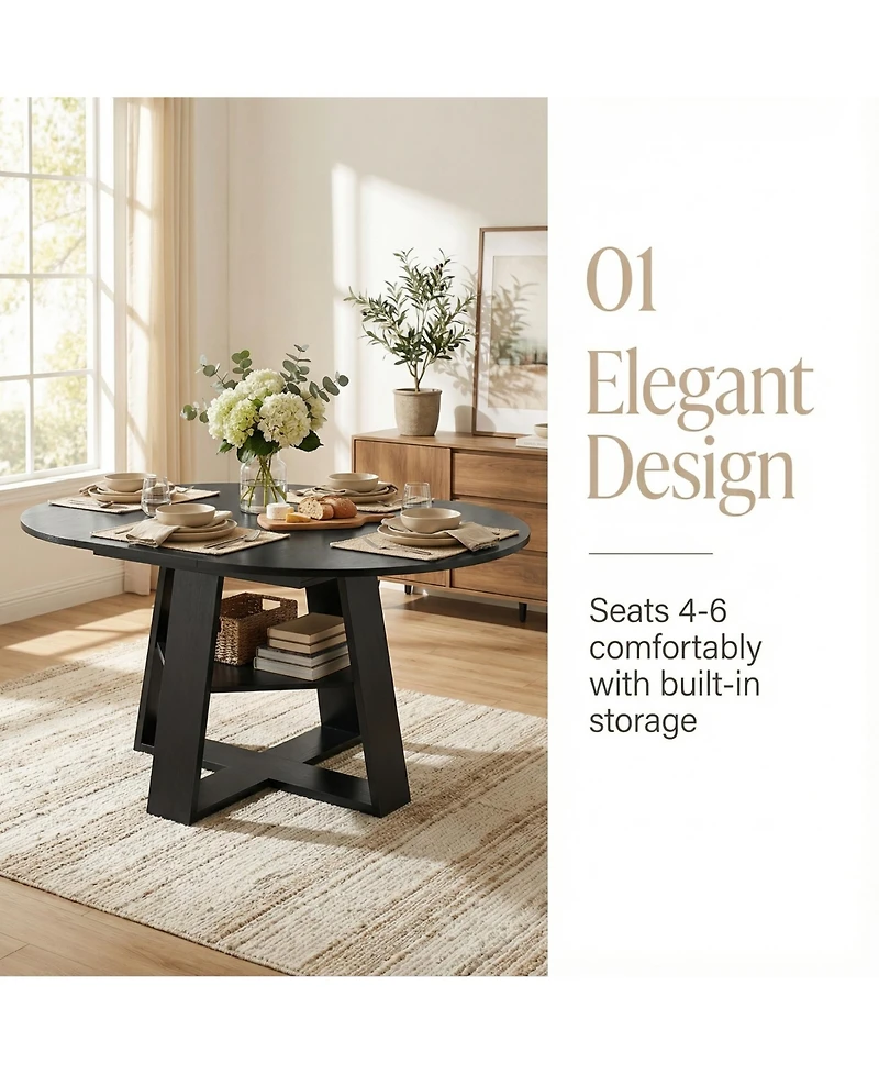 Rainsken 43.3-59" Extendable Wood Oval Dining Table with Removable Leaves and Storage Shelf