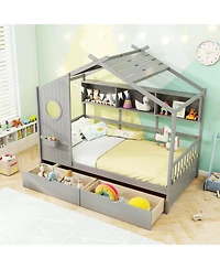 Slickblue Kids House Bed Frame with Storage Drawers and Safety Rails