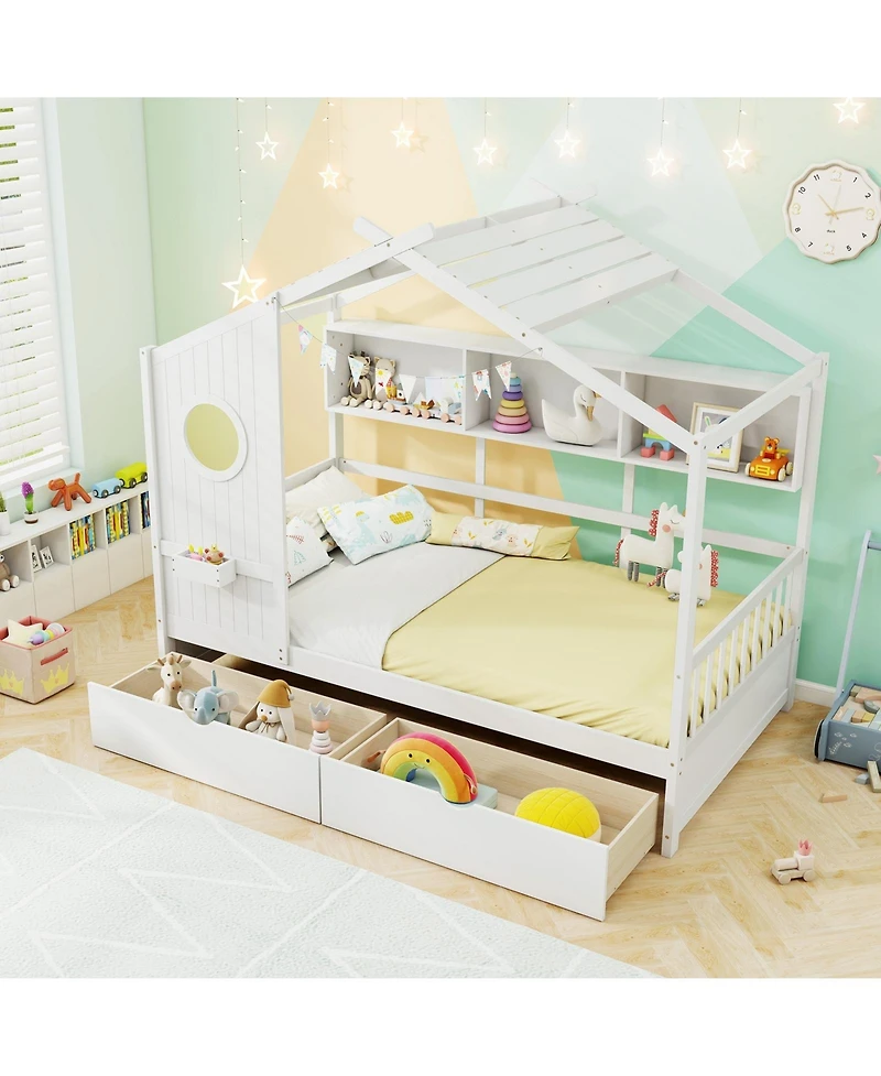 Slickblue Kids House Bed Frame with Storage Drawers and Safety Rails